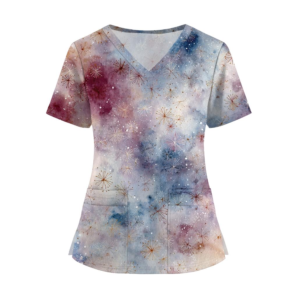 Women's Fashion V-Neck Short Sleeve Overalls With Pockets Print Tops Clothes