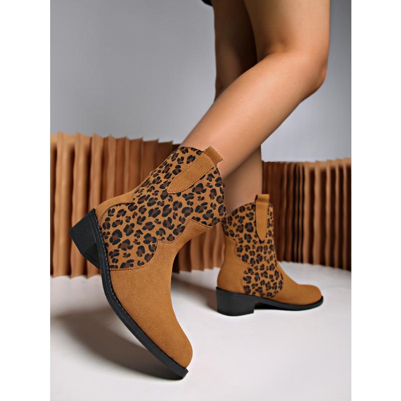 Women's Plus Size Mid Heel Women's Boots Autumn and Winter New Leopard Print Block Heel Martin Boots Pointed Mid Leg Boots