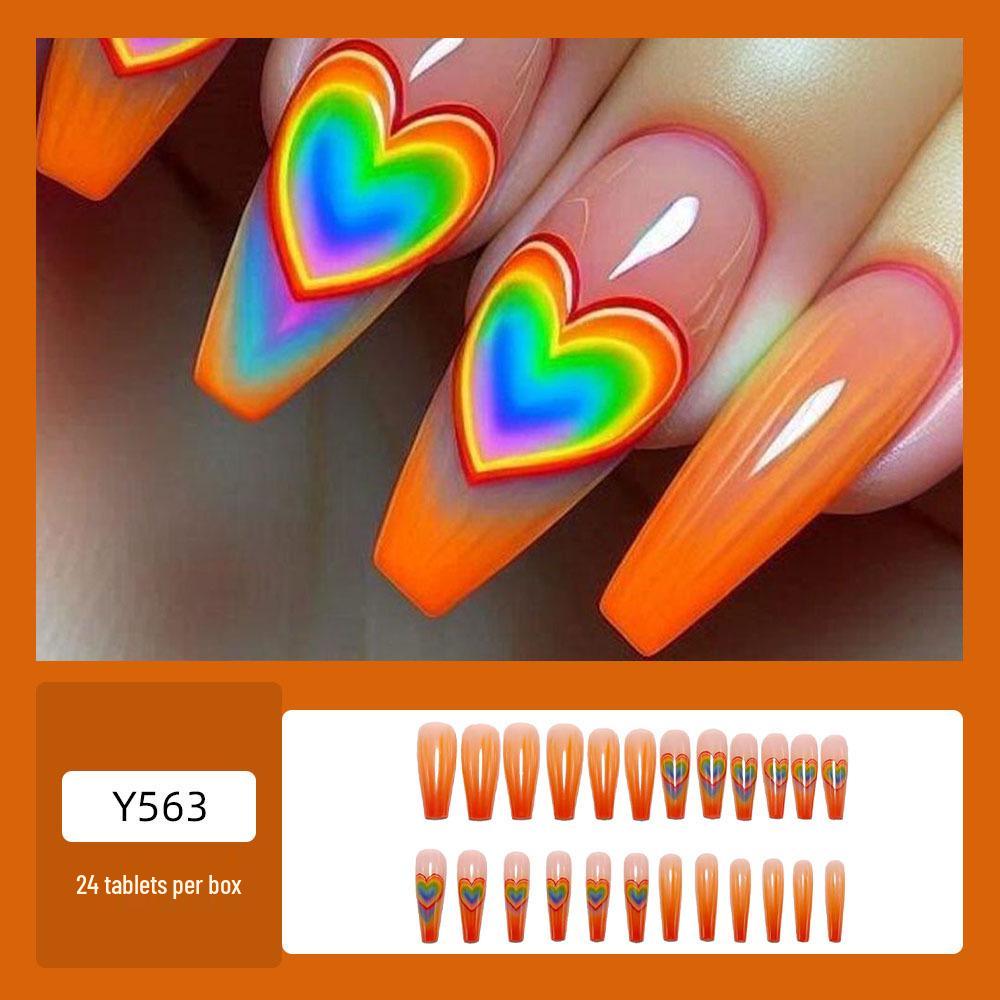 Almond Shape French Gradient Orange Nails with Rainbow Heart: Eye-Catching, Skin-Brightening, Hot Selling Manicure