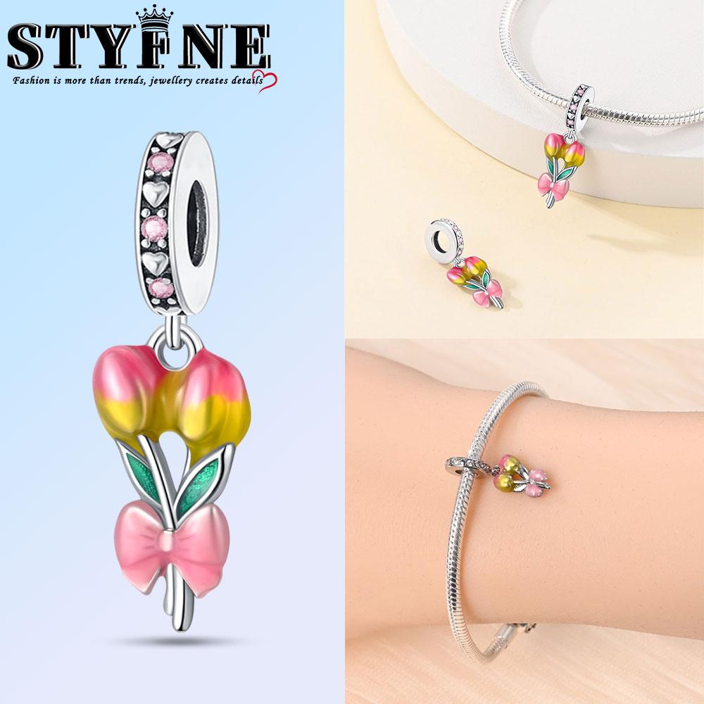 Copper Bouquet Romantic Flower Pink Purple Tulip Charm Carnation Beads Fit Original Bracelets For Jewelry Making Diy Gifts