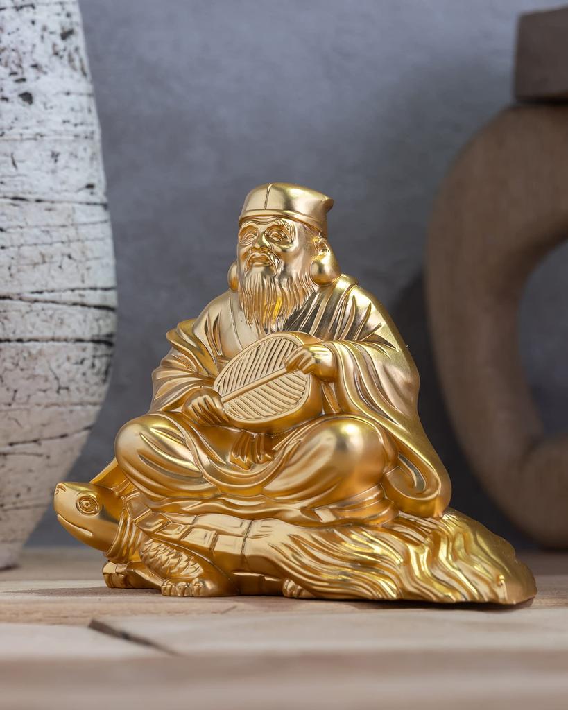 One of the Seven Lucky Gods, Jurojin (Gold Plated/24K Gold) by Sculptor Makita Shuun. Original Buddhist Statue, Takaoka Bronze (Jurojin 7fg).