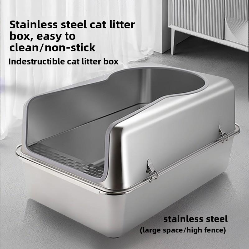 Stainless Steel Cat Litter Box Semi-Enclosed Design Cat Bedpans Anti-Scatter Pet Toilet for Easy Cleaning Durable Feline Supplie