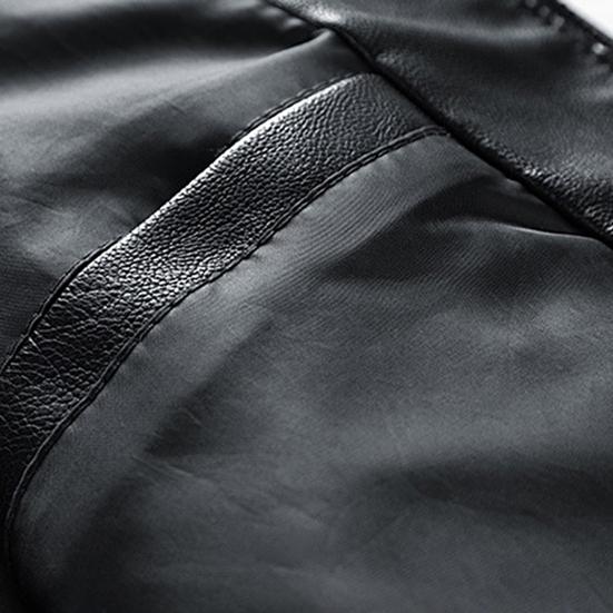 Solid Color Stand Collar Long Sleeves Pockets Zipper Placket Men Jacket Autumn Winter Fleece Lining Faux Leather Motorcycle Windbreaker