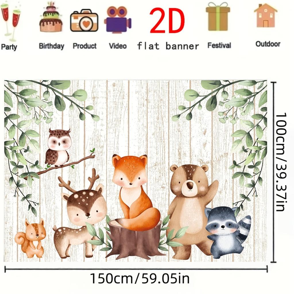 One forest-themed baby baptism backdrop - featuring foxes, bears, deer and monkeys, with green leaves and vines design
