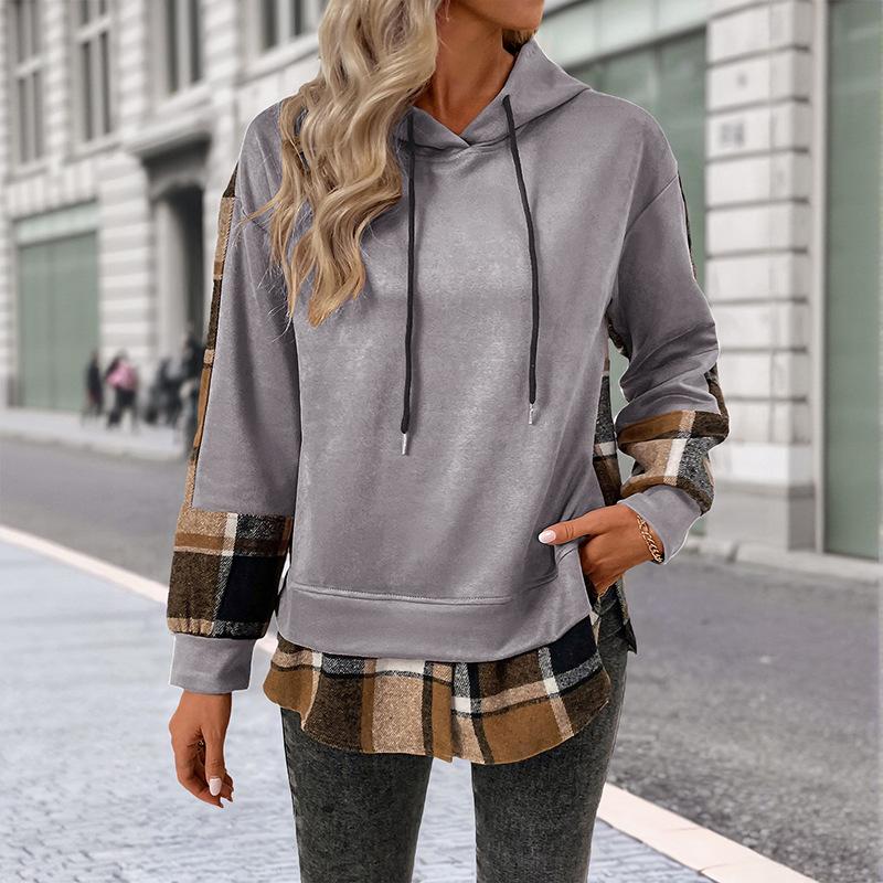 New Autumn and Winter Casual Retro Style Top, Long-sleeved Checked and Fleece Faux Two-piece Hooded Sweatshirt for Women