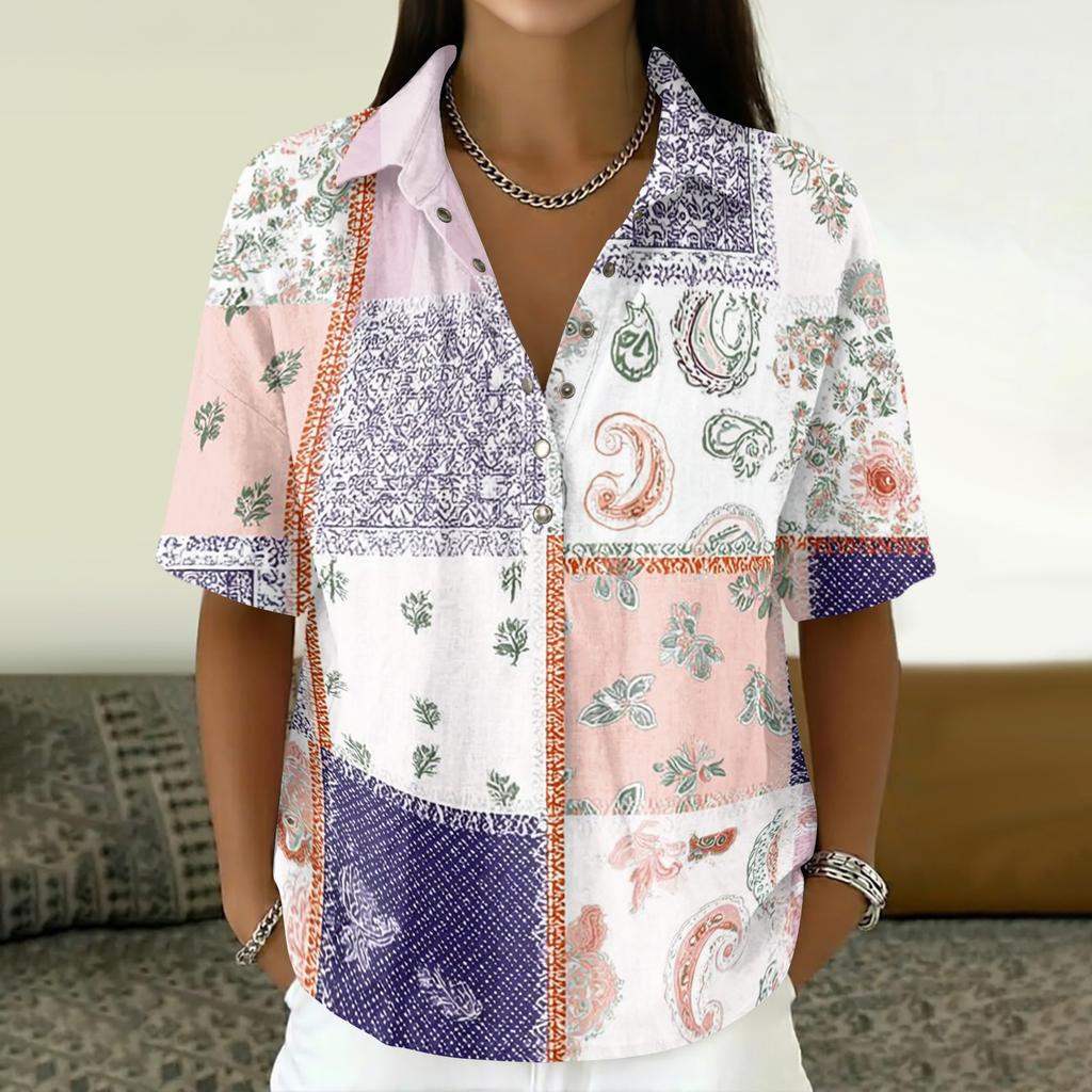 Women's Vintage Floral Print Short Sleeve Shirt Button Down Loose Fit Lapel Collar Casual Blouse Lightweight Linen Blend Top