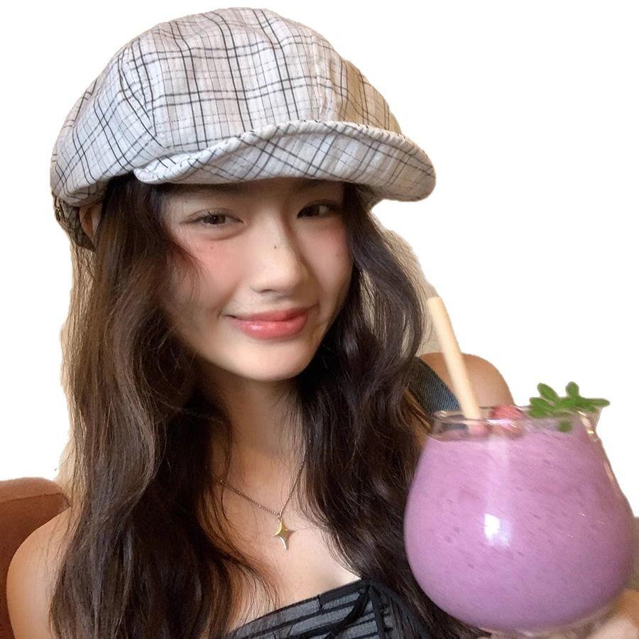 Plaid beret women's spring summer thin versatile face small octagonal hat big head circumference painter hat