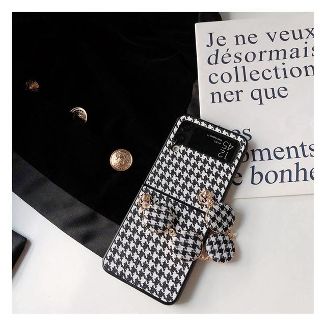 Stylish Luxury Cute 3d Camellia Houndstooth Pu Leather Phone Case For Samsung Galaxy Zflip4 Z Flip 3 5g With Portable Ring Cover