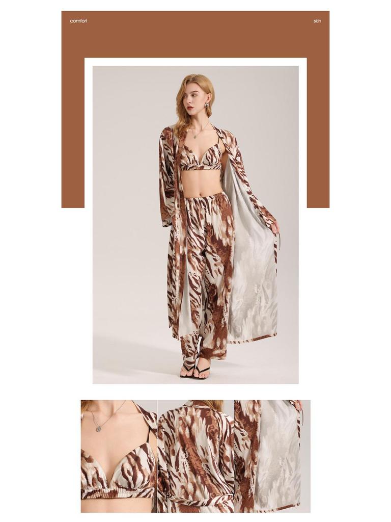 Women's Zebra Print Satin Pajama Set - Summer Robe & Long Pants, 3-Piece