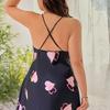 Plus Size Womens Heart Print Cross Back Cami Nightdress Comfortable Satin Sleepwear Fall