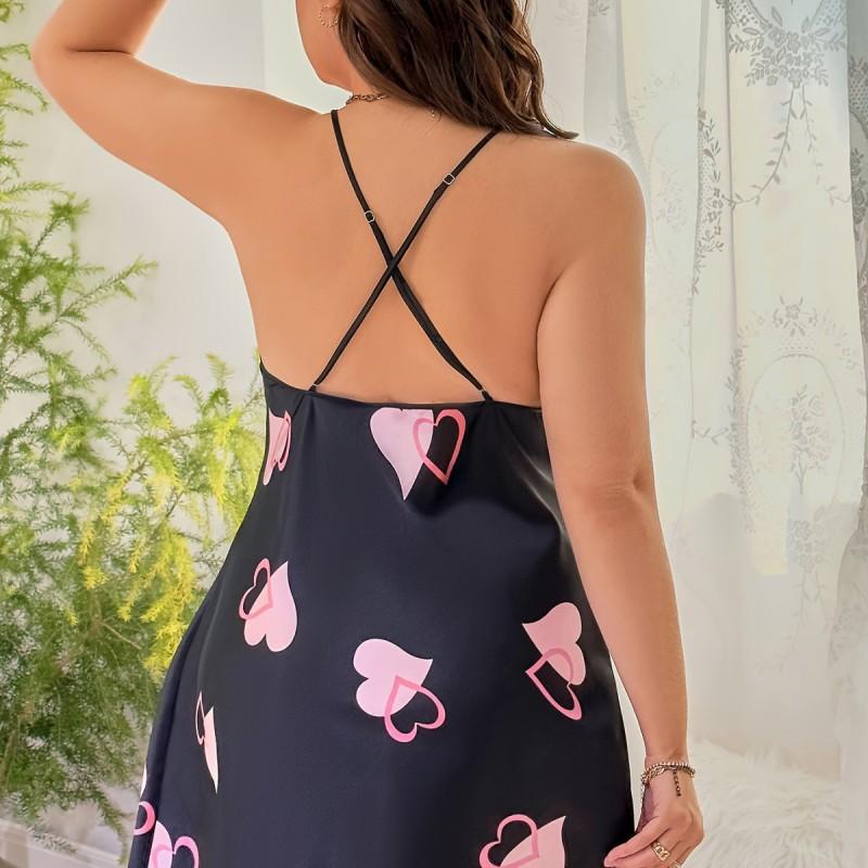 Plus Size Womens Heart Print Cross Back Cami Nightdress Comfortable Satin Sleepwear Fall