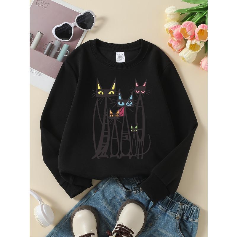 Felpa da bambina a maniche lunghe con scollo rotondo e stampa di una famiglia di gatti, adatta per la primavera e l'autunno, alla moda e casual