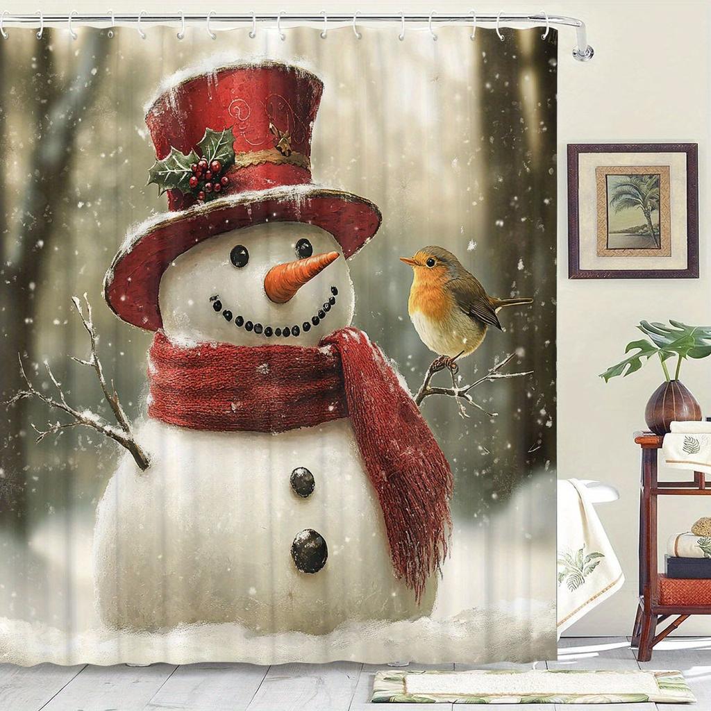 Water-Resistant Snowman and Bird Themed Shower Curtain with 12 Hooks, Machine Washable Non-Woven Graphic Art Bath Decor
