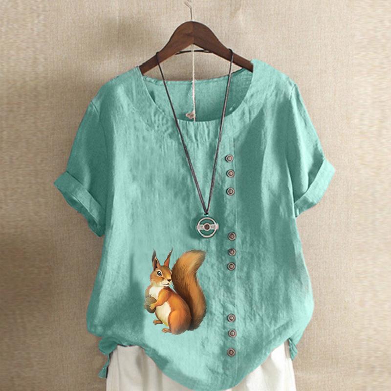 Women's Fashion Round Neck Short Sleeve T-shirt Casual Cotton Linen Graphic Shirt Leisure Loose Squirrel Prined Summer Blouse Tops