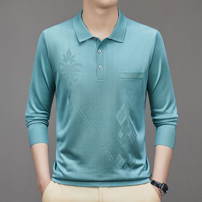 Long sleeved T-shirt Men's Ice Silk Lapel Top Bottoming Shirt Middle-aged Dad Loose Casual Polo Shirt