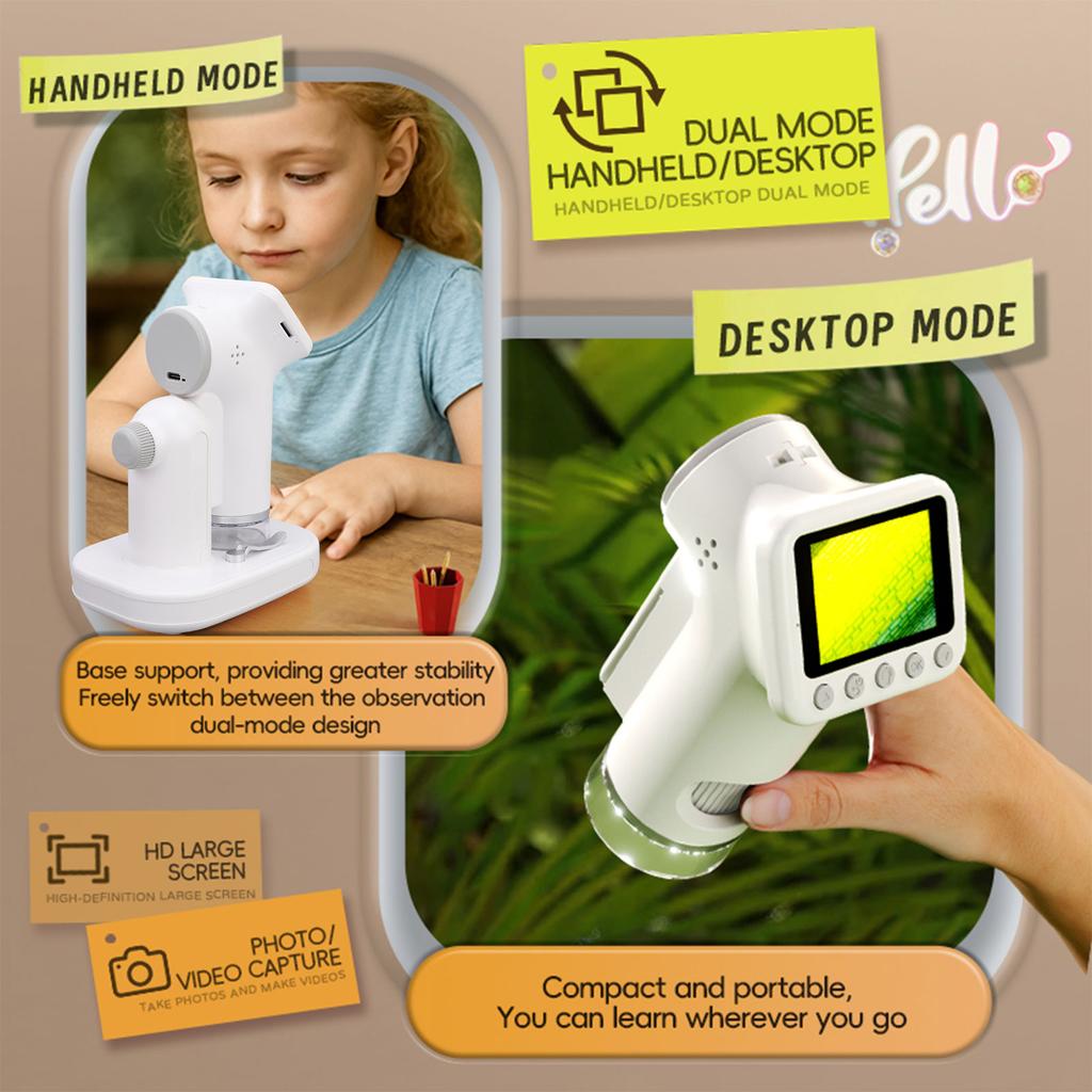 Kids Digital Microscope 100 1600X with 2.0 HD Color Screen 3 Adjustable Lights 32GB SD Card Portable Microscope for