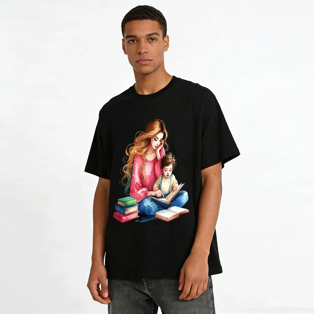 Warm Parent Child Reading Print Adult Top Pure cotton T-shirt
