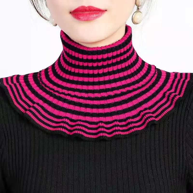 Women Autumn Winter Korea Joker Striped Pullover Thickened Warm Cervical Elastic Knitted False Collar Wool Scarf