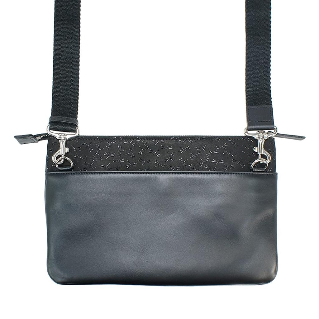 Inden Umhängetasche Sacoche Crossbody Hirschleder Schwarz x Schwarz Lack Libellenmuster [Indenya] 6614-01-008