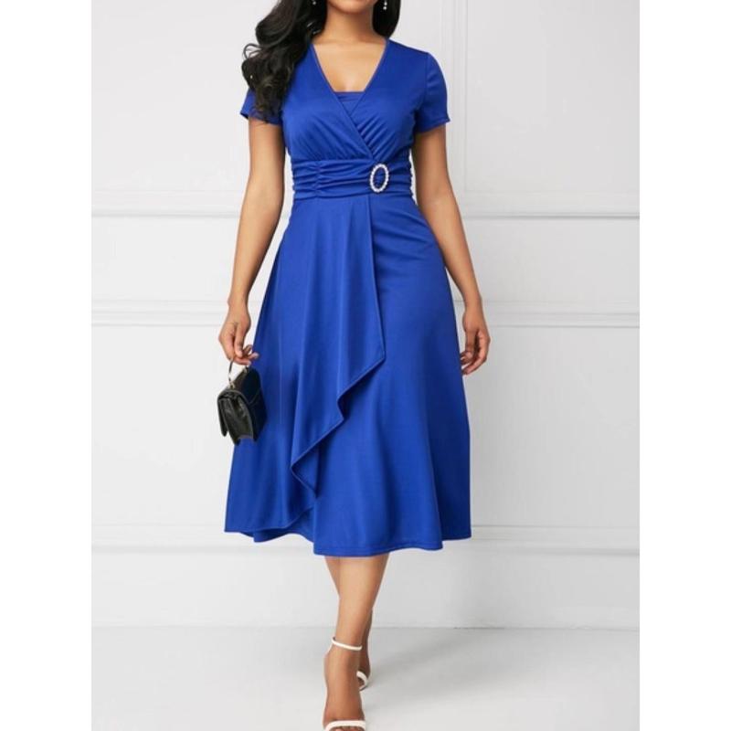 Women's Elegant Short Sleeve Dress Oversized V Neck Asymmetric Hem Waist Tight Midi Party Dress Ladies Evening Vestidos 5XL