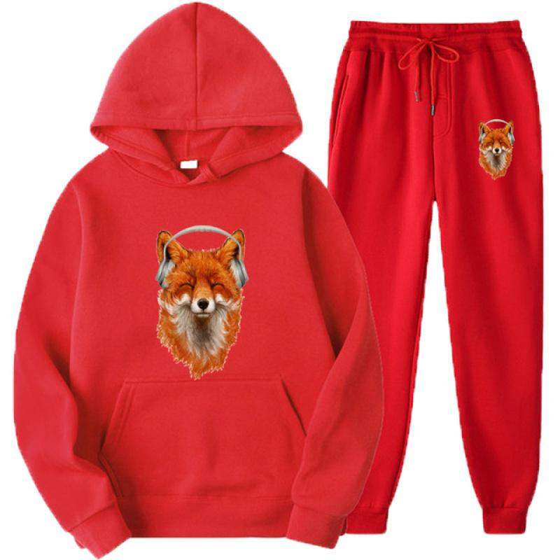 

Милый улыбающийся музыкальный принт лисы, мужские и женские спортивные костюмы, повседневная толстовка с капюшоном + брюки, комплекты из 2 предметов, пуловер большого размера, модная одежда унисекс XL