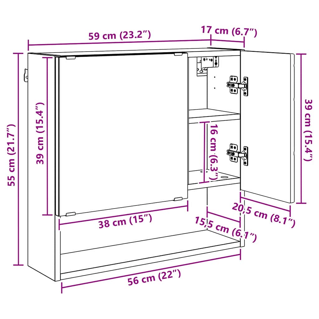 Wall Mounted Mirror Cabinet White 59 X 17 X 55 Cm Particleboard