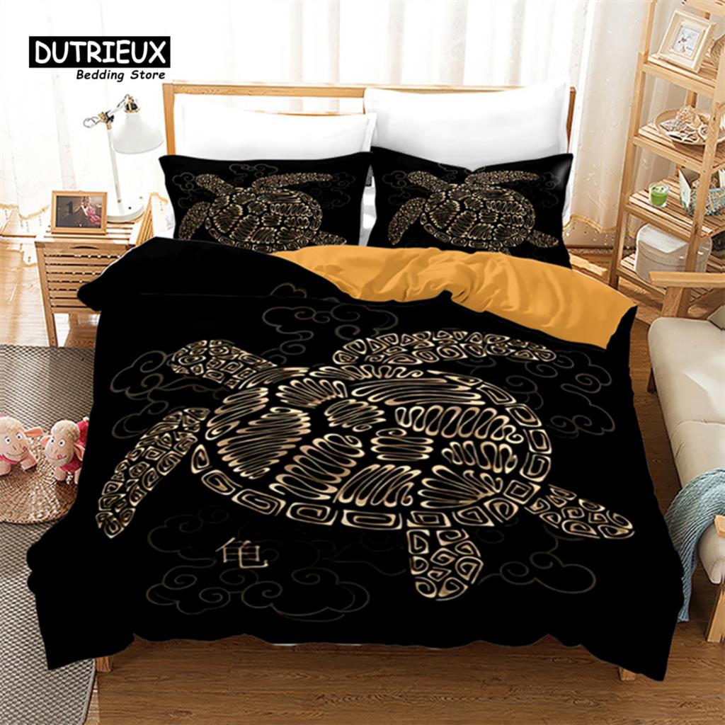 Exotic Turtle Duvet Cover Full King Microfiber Kawaii Sea Animal Comforter Cover Bohemia Tattoo Style Ocean Theme Bedding Set