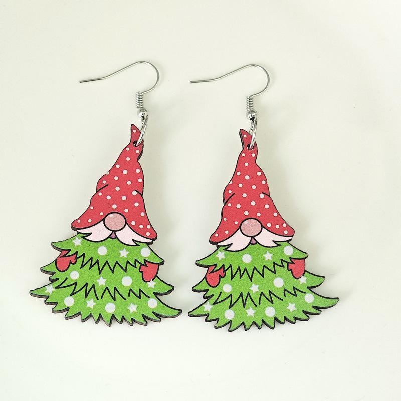Santa Claus Connecting Christmas Tree Wooden Earrings - Creative European & American Design