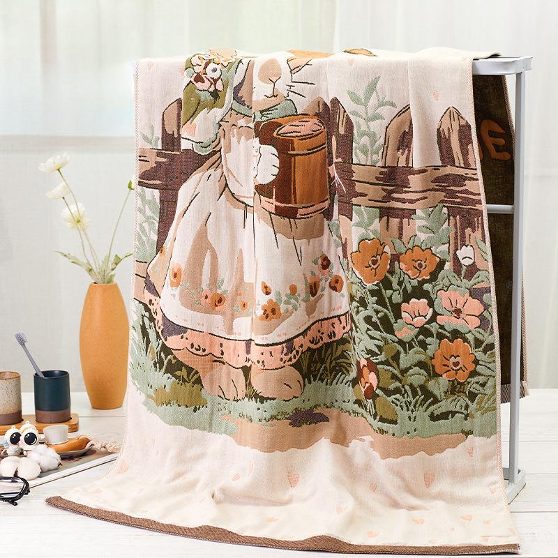Prosop de baie drăguț cu desene animate din muselină de bumbac pur 80x160cm, model jacquard cu animale, super absorbant, moale, confortabil, prosop mare pentru uz casnic în toate anotimpurile