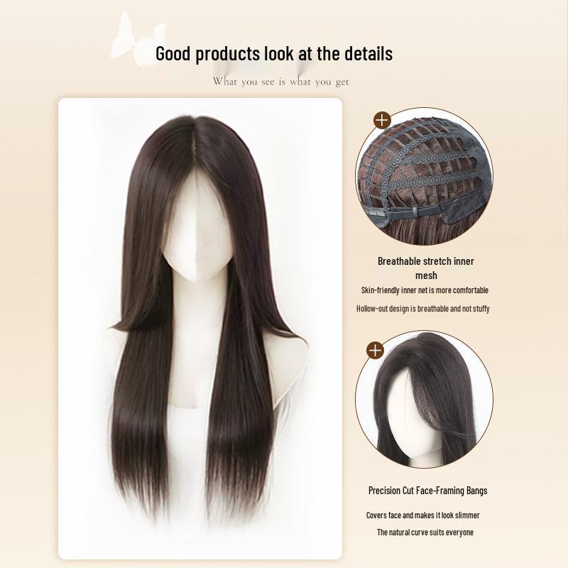 Schwarze lange gerade Perücke im koreanischen Stil mit Mittelscheitel und Pony - Vollkopfbedeckung für Damen