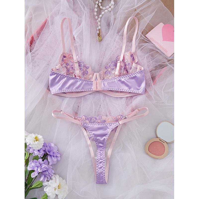 Французская фиолетовая вышивка элегантный атлас контрастная цветочная вышивка чистый блеск сладкая сборка бюстгальтер секс чехол S розовый
