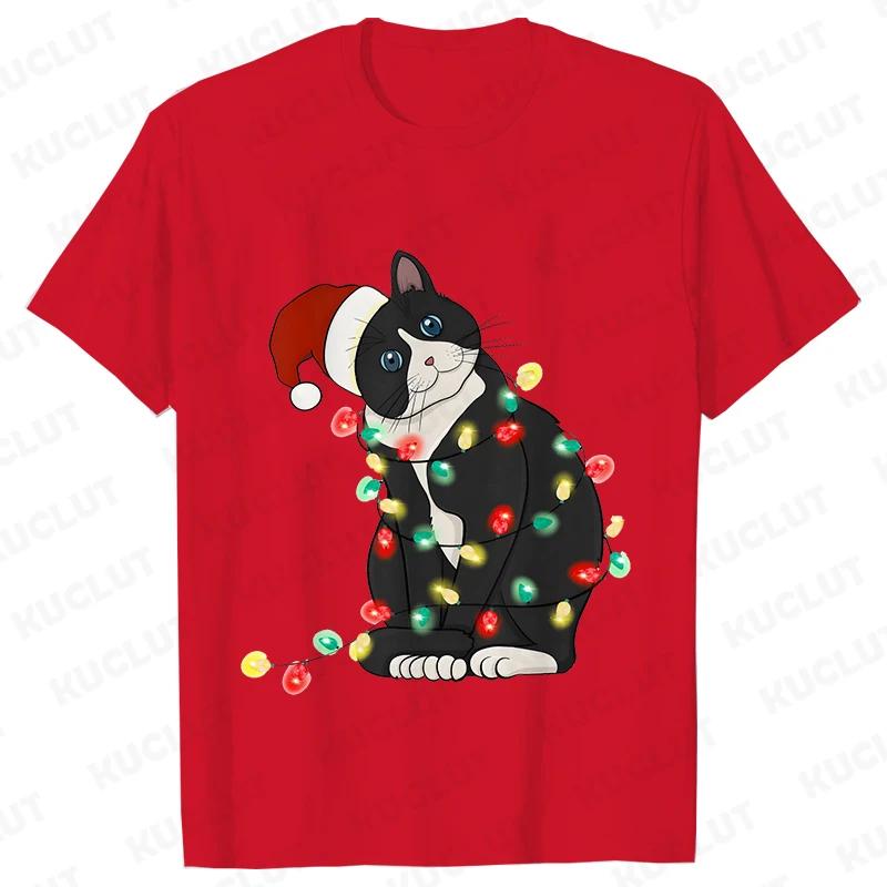 Fashion Trendy T Shirt Short Sleeve Tees for Unisex Funny Christmas Lights Cat T Shirts Female Korean Casual Streetwear Tshirt
