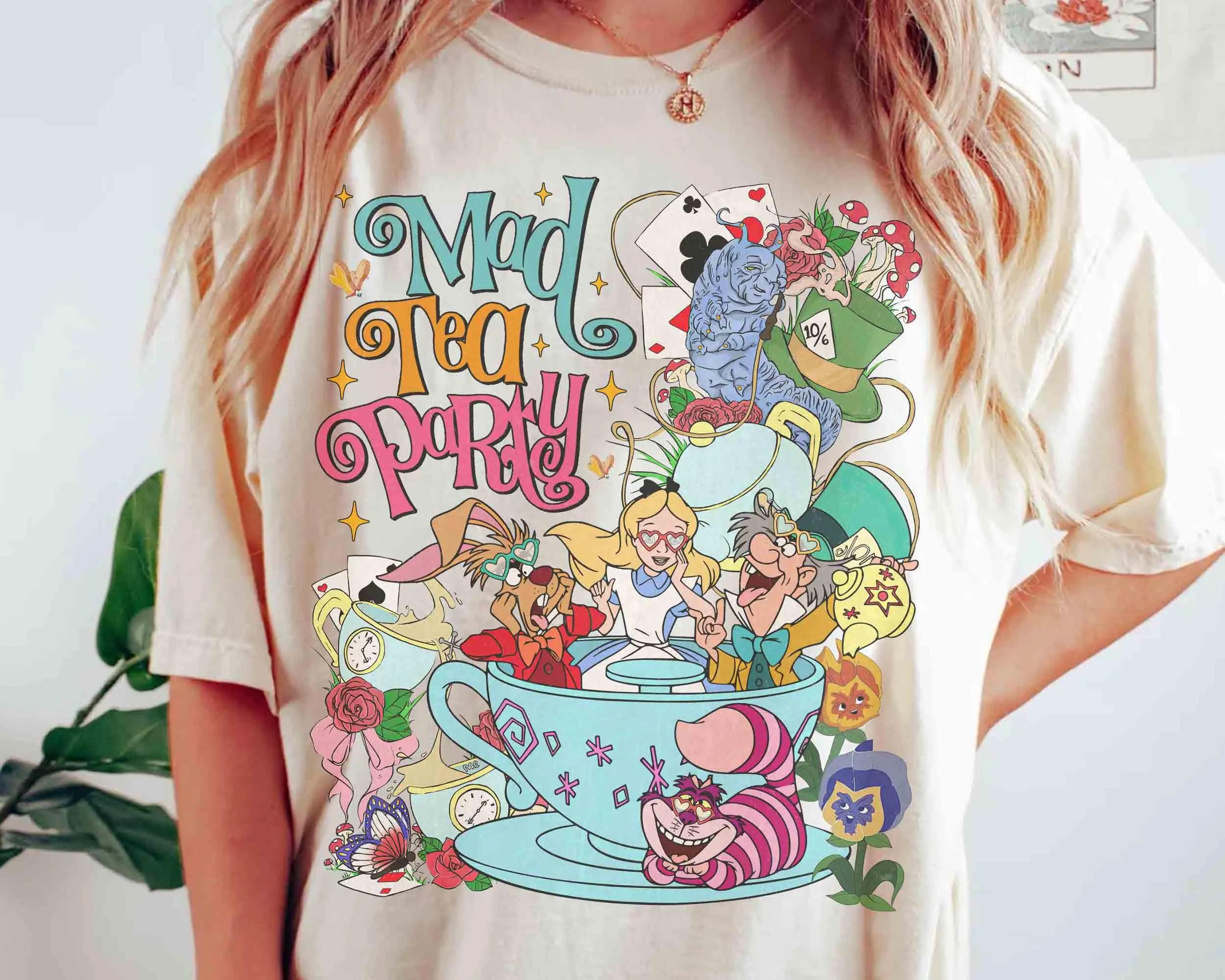 Vintage Mad Tea Party Disney Alice in Wonderland Shirt Floral Alice Mad Hatter Cheshire Cat Family Shirt S