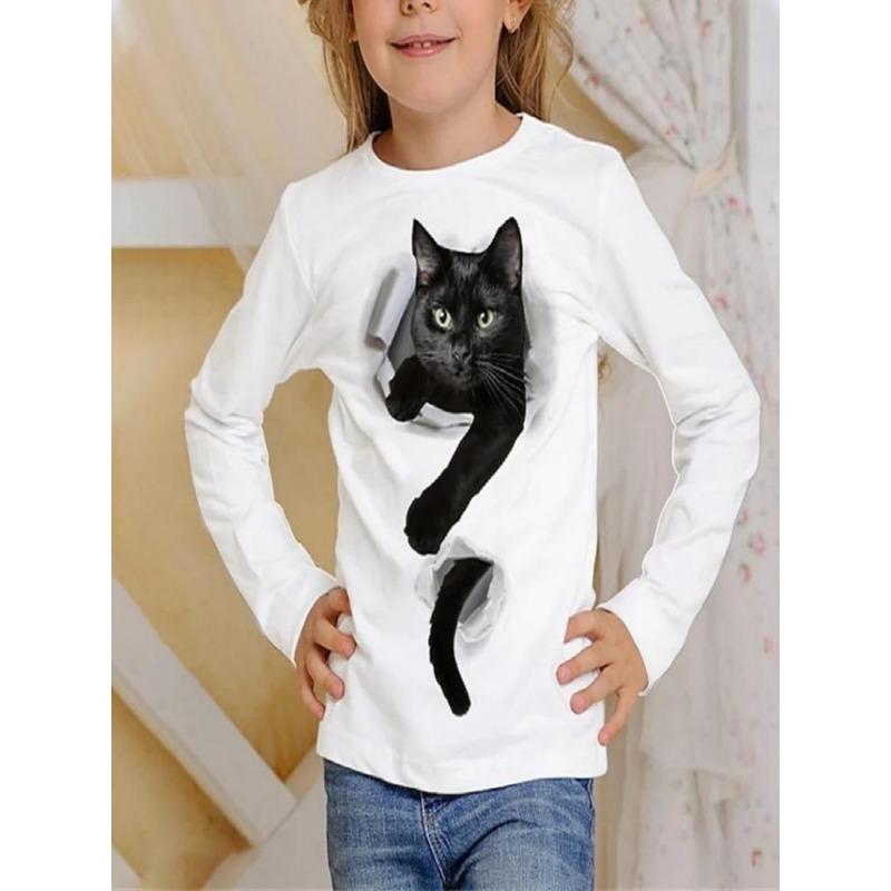 3D Pattern Cat T-shirt Long Sleeve Printed Fun Children's Girls' Top