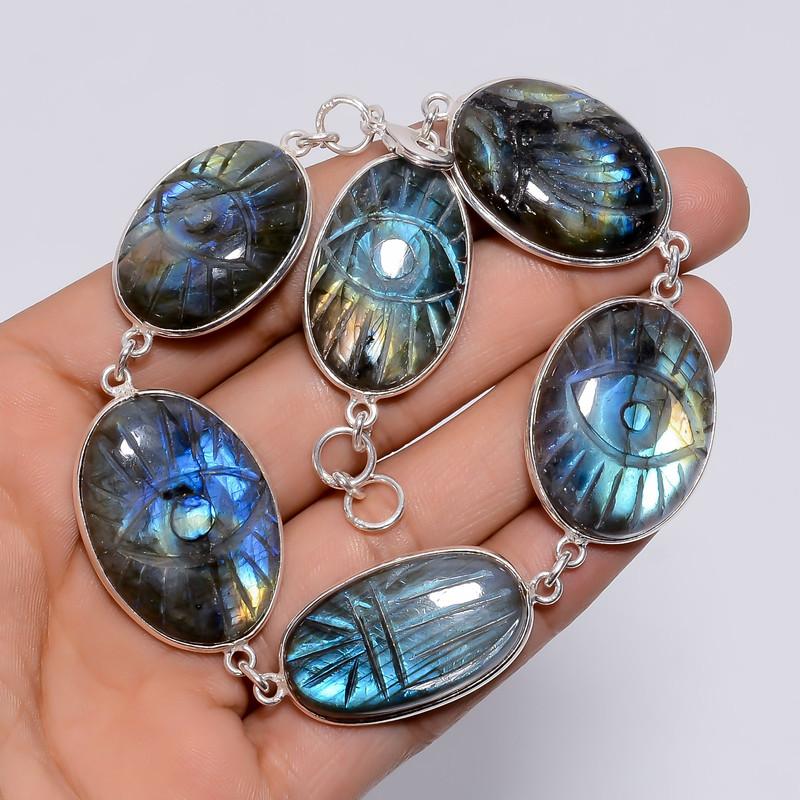 

Excellent Top Grade Qualite 100% Natural Labradorite Oval Shape Ethnic Style Handmade Jewelry 925 Steling Silver Bracelet 9-10 WSJ-5243 9-10