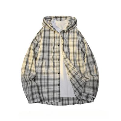 Camisa Xadrez de Manga Comprida com Capuz Masculina e Feminina Camisa Solta Jaqueta de Proteção Solar Cardigã Fino Americano Retrô com Botões