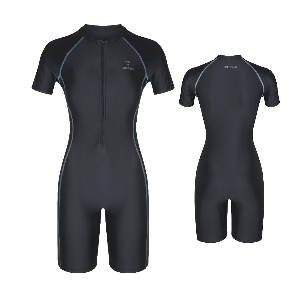 Jeteseu Women'S Aqua Zip-Up Slim Short Sleeve Half-Body Indoor Swimsuit Solid Black L_4A451