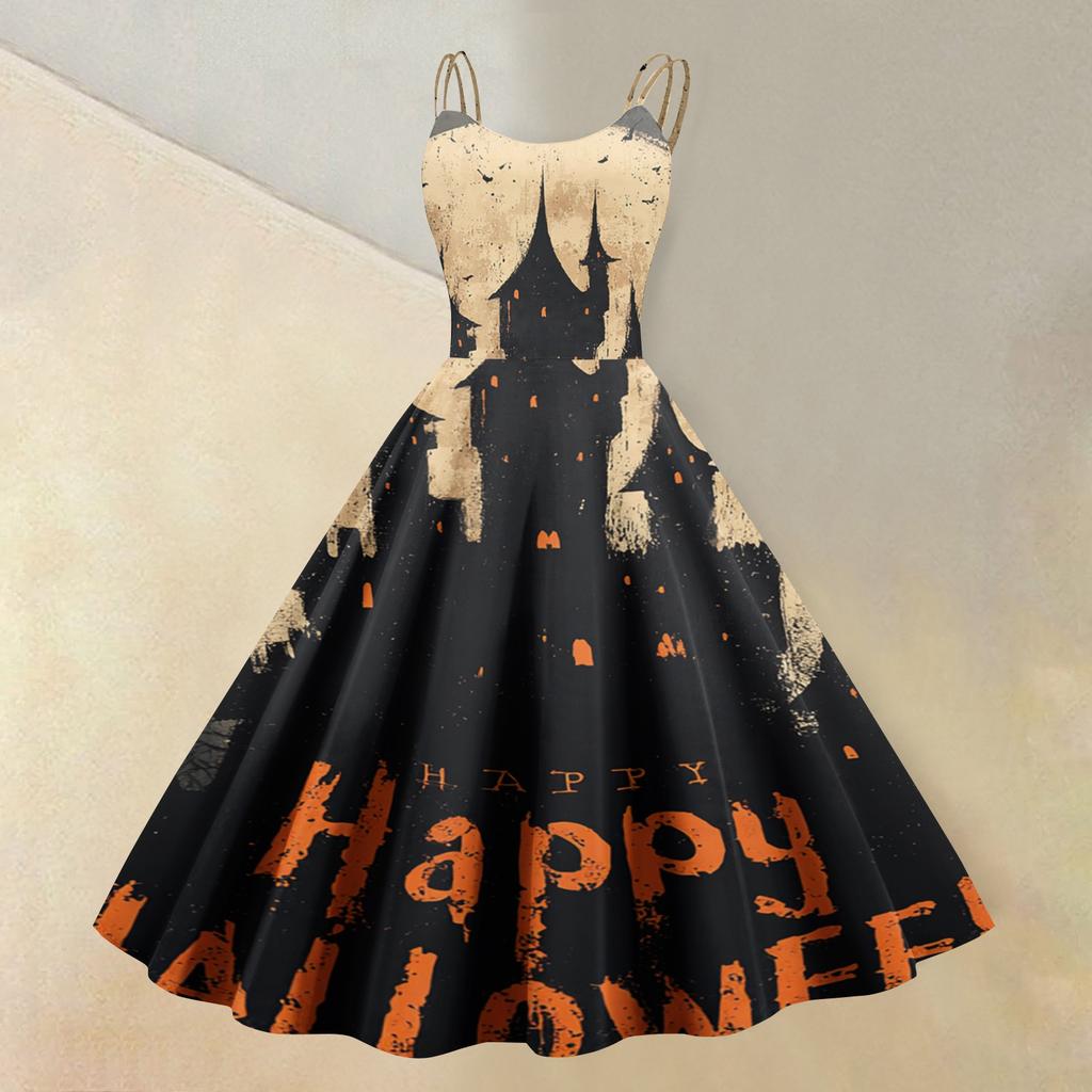Women's Sleeveless Casual Dress Halloween Print Round Neck Vintage Style Spaghetti Strap Midi Dress for Daily Wear and Seasonal Events