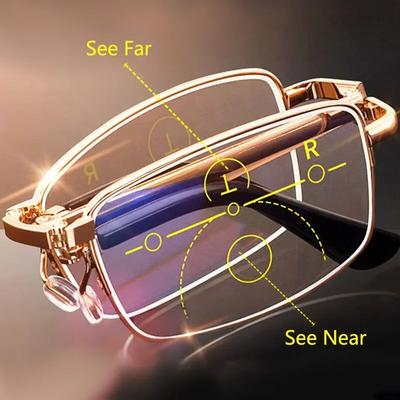 Faltbare Lesebrille, tragbare progressive Biofokalbrille, Anti-Blaulicht-Presbyopie-Brille für Herren mit Lederetui
