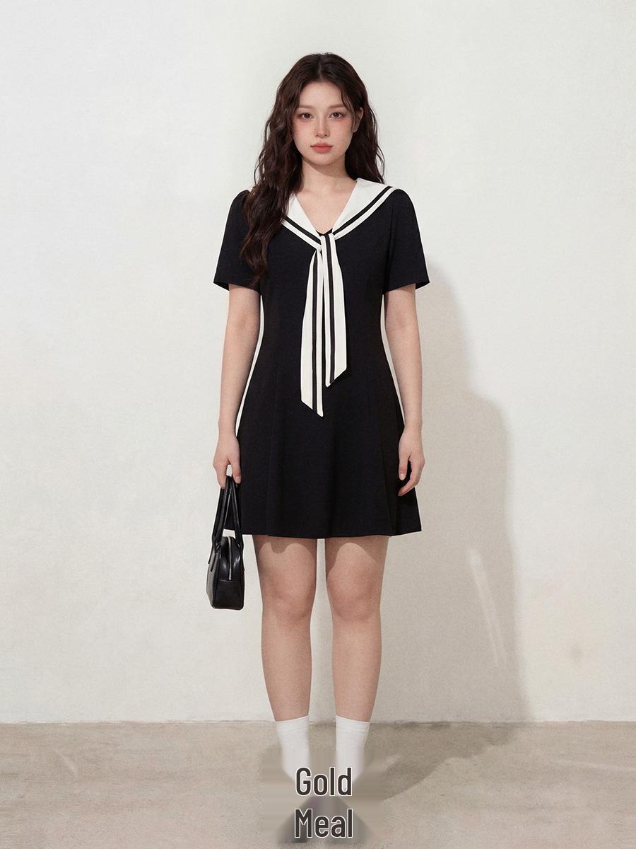 

Women s French Sailor Collar Slimming Little Black Dress - Summer Tummy-Concealing Style XXXL