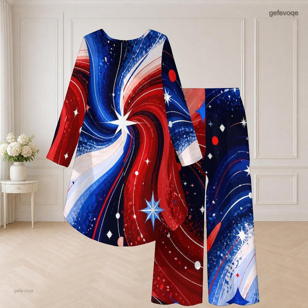 Women Plus Size Two Piece Pants Set Round Neck Long Sleeve Eagle Printed High Low Top Wide Leg Pants