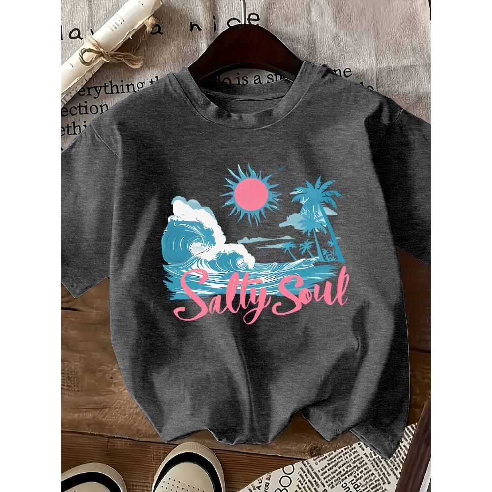 Summer Vacation Style Graphic Printed Short-sleeved T-shirt, Round Neck Casual Top,