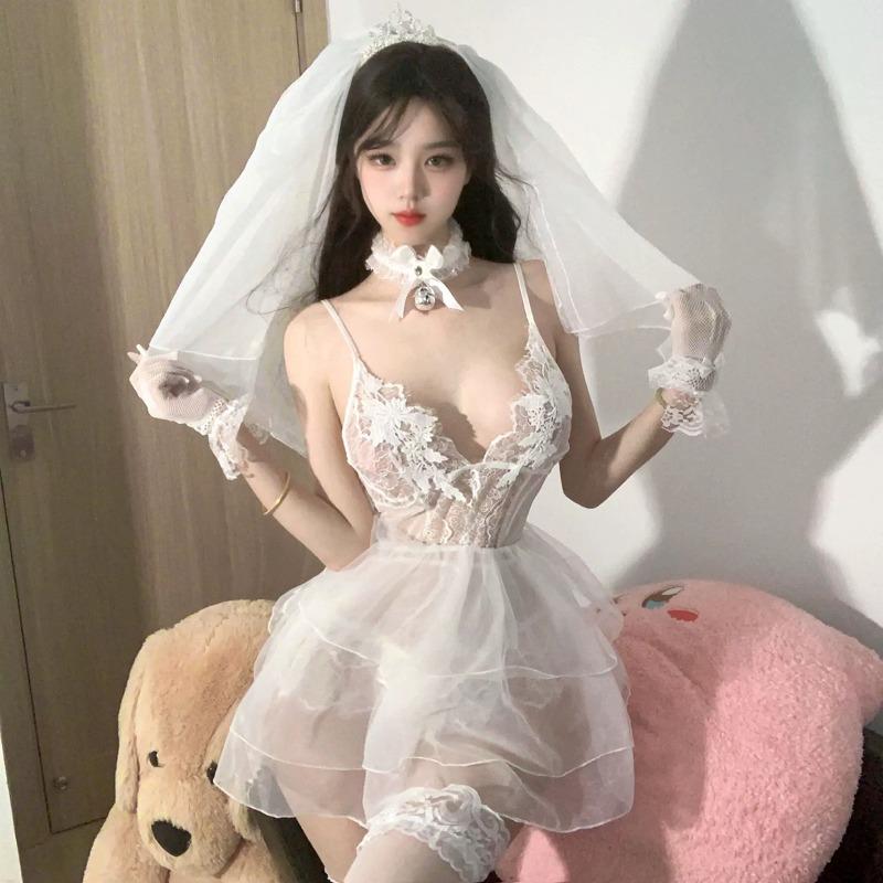 New Deep V Hollow Underwear Lace Mesh Perspective Sexy Temptation Low-cut Onesie Women's Pajamas Set