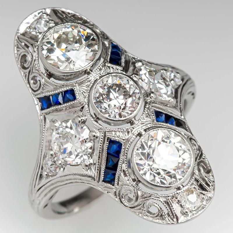 Huitan Gorgeous Wide Rings for Women Unique Design Blue/Green CZ Hollow Rings Vintage Accessories Daily Wear Party Lady Jewelry