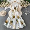 European and American vacation romantic style printing square neck suspender dress women's summer high-end feeling waist and thin big swing dress