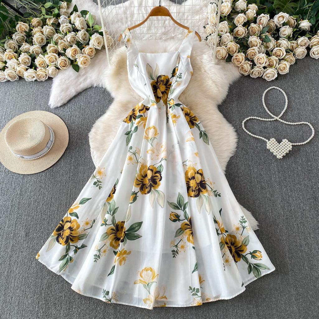 European and American vacation romantic style printing square neck suspender dress women's summer high-end feeling waist and thin big swing dress