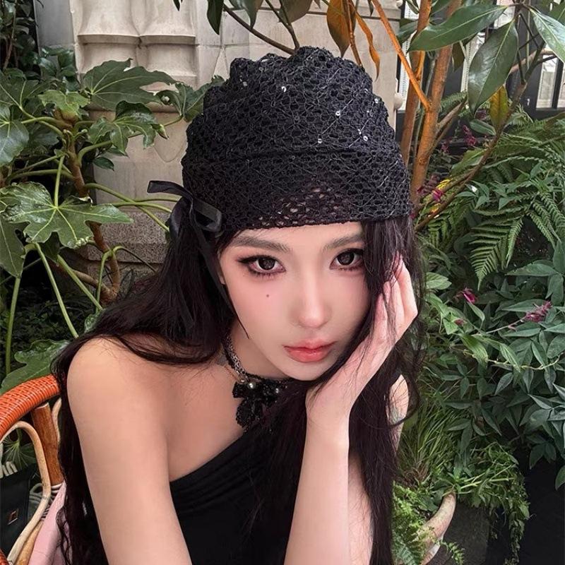 Subculture Lace Hollow Cold Hat Summer Thin Women's Black Japanese Stacking Hat Bow Design Sense Bag Head Hat
