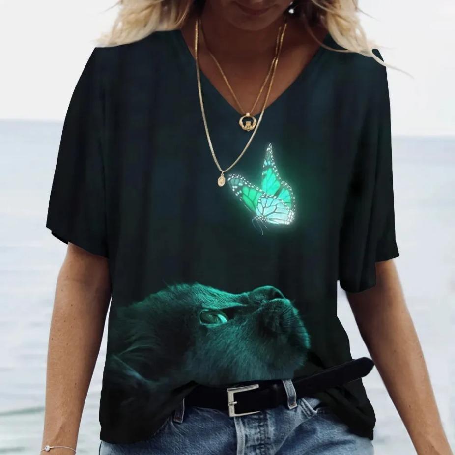 Fashion Women's T-shirt Cat Printed Short Sleeve Tees Ladies T Shirt Oversized V-neck Tops Animal Women Clothing Shirt