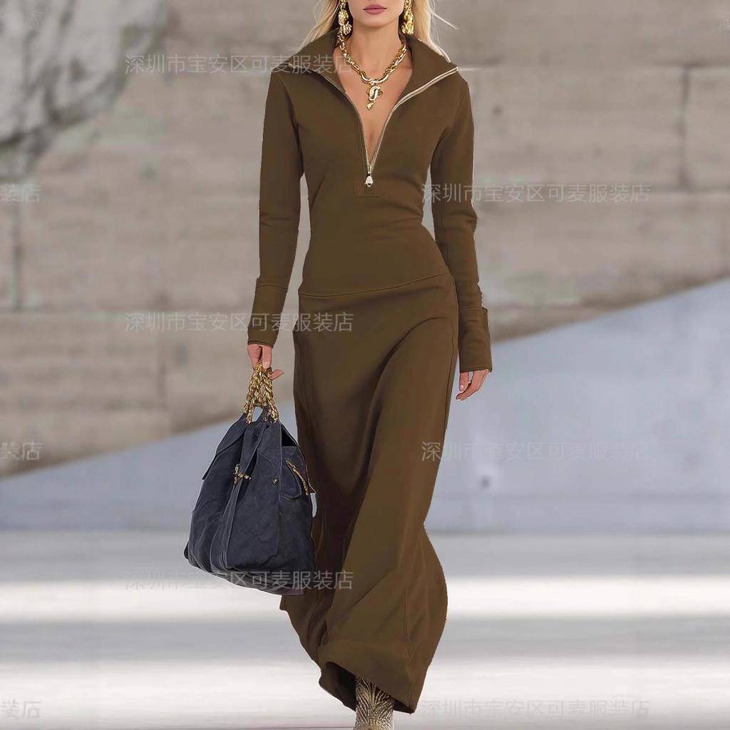 Women Zip Front Stand Collar Long Sleeve Dress Solid Color Long dress