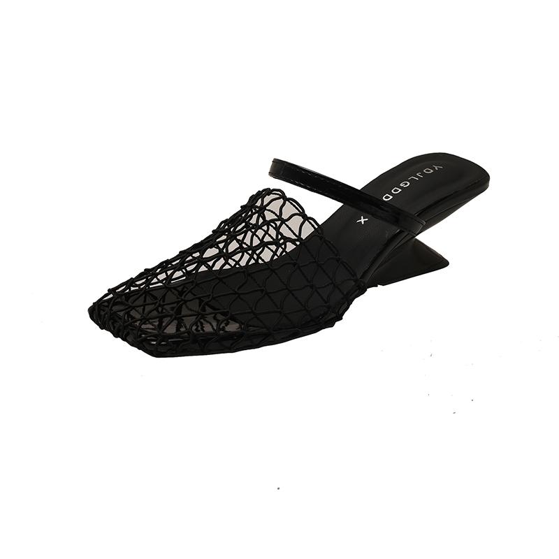 Fashion Niche Fishing Net Woven Hollow Sandals for Women In Summer 2025 New Style with Skirt Block Heel Square Toe Muller Semi-slippers